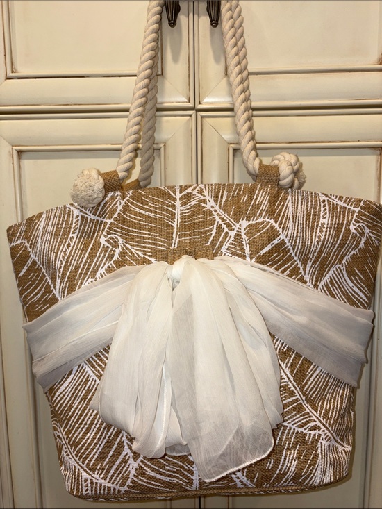Mud Pie Handbags - Mud Pie Tan and White Leaf-Print Tote with White Scarf Accent
